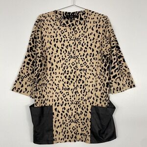 Tibi Jacket Womens 12 Tan Black Leopard Print Leather Pocket Coat 3/4 Sleeve